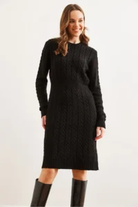 Olalook Women's Black Waist Banded Slit Hair Knitted Mini Dress - Image 4