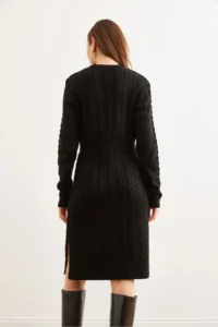 Olalook Women's Black Waist Banded Slit Hair Knitted Mini Dress - Image 6