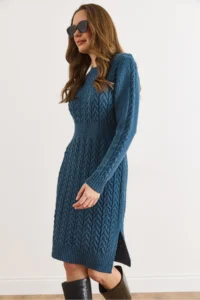 Olalook Women's Indigo Waistbanded Slit Hair Knitted Mini Dress