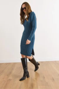Olalook Women's Indigo Waistbanded Slit Hair Knitted Mini Dress - Image 2