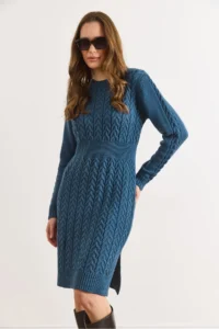 Olalook Women's Indigo Waistbanded Slit Hair Knitted Mini Dress - Image 3