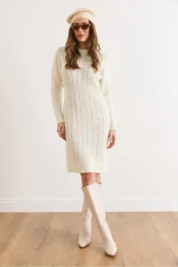 Olalook Women's Ecru Waist Banded Slit Hair Knitted Mini Dress - Image 2