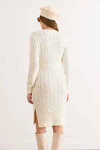 Olalook Women's Ecru Waist Banded Slit Hair Knitted Mini Dress - Image 3