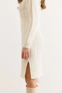 Olalook Women's Ecru Waist Banded Slit Hair Knitted Mini Dress - Image 4