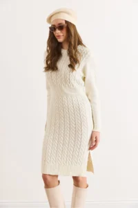 Olalook Women's Ecru Waist Banded Slit Hair Knitted Mini Dress - Image 5