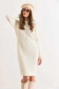 Olalook Women's Ecru Waist Banded Slit Hair Knitted Mini Dress - Image 6