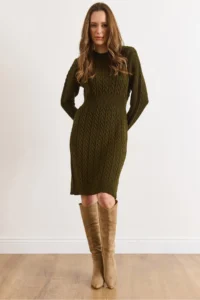 Olalook Women's Khaki Waist Banded Slit Hair Knitted Mini Dress
