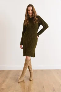 Olalook Women's Khaki Waist Banded Slit Hair Knitted Mini Dress - Image 2