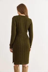 Olalook Women's Khaki Waist Banded Slit Hair Knitted Mini Dress - Image 3