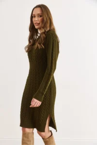 Olalook Women's Khaki Waist Banded Slit Hair Knitted Mini Dress - Image 4