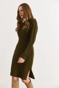Olalook Women's Khaki Waist Banded Slit Hair Knitted Mini Dress - Image 5