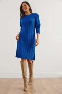Olalook Women's Saks Blue Banded Waist Slit Hair Knitted Mini Dress