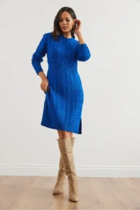 Olalook Women's Saks Blue Banded Waist Slit Hair Knitted Mini Dress - Image 3