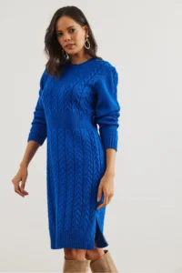 Olalook Women's Saks Blue Banded Waist Slit Hair Knitted Mini Dress - Image 4