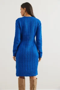 Olalook Women's Saks Blue Banded Waist Slit Hair Knitted Mini Dress - Image 6