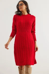 Olalook Women's Red Waist Banded Slit Hair Knitted Mini Dress