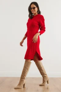 Olalook Women's Red Waist Banded Slit Hair Knitted Mini Dress - Image 2