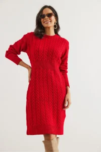 Olalook Women's Red Waist Banded Slit Hair Knitted Mini Dress - Image 3