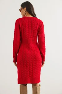 Olalook Women's Red Waist Banded Slit Hair Knitted Mini Dress - Image 5