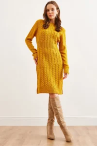 Olalook Women's Mustard Waist Banded Slit Hair Knitted Mini Dress
