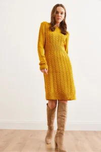 Olalook Women's Mustard Waist Banded Slit Hair Knitted Mini Dress - Image 2