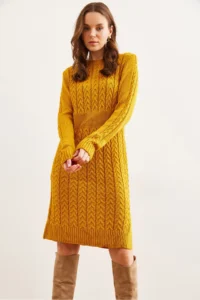 Olalook Women's Mustard Waist Banded Slit Hair Knitted Mini Dress - Image 3