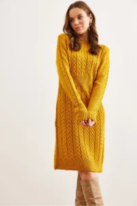 Olalook Women's Mustard Waist Banded Slit Hair Knitted Mini Dress - Image 4
