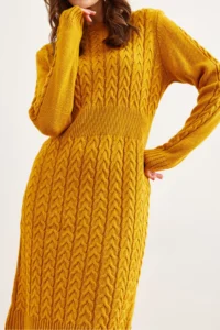 Olalook Women's Mustard Waist Banded Slit Hair Knitted Mini Dress - Image 5