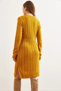 Olalook Women's Mustard Waist Banded Slit Hair Knitted Mini Dress - Image 6