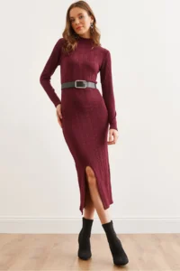 Olalook Women's Burgundy Turtleneck Belted Slit Twist Midi Dress