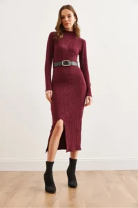 Olalook Women's Burgundy Turtleneck Belted Slit Twist Midi Dress - Image 2