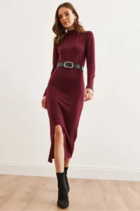Olalook Women's Burgundy Turtleneck Belted Slit Twist Midi Dress - Image 3