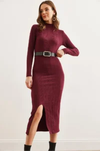 Olalook Women's Burgundy Turtleneck Belted Slit Twist Midi Dress - Image 4