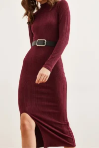 Olalook Women's Burgundy Turtleneck Belted Slit Twist Midi Dress - Image 5
