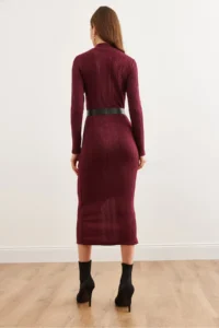 Olalook Women's Burgundy Turtleneck Belted Slit Twist Midi Dress - Image 6