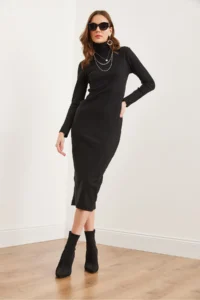 Olalook Women's Black Full Turtleneck Midi Dress - Image 2