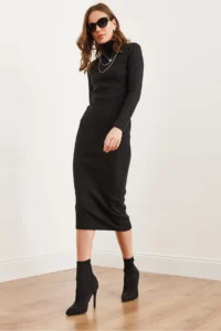 Olalook Women's Black Full Turtleneck Midi Dress - Image 3