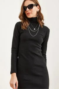 Olalook Women's Black Full Turtleneck Midi Dress - Image 5