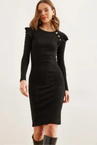 Olalook Women's Black Button Ruffle Detailed Mini Lycra Dress