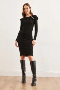 Olalook Women's Black Button Ruffle Detailed Mini Lycra Dress - Image 2
