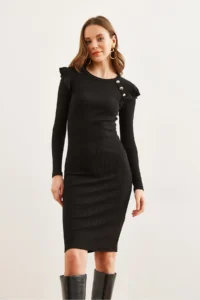 Olalook Women's Black Button Ruffle Detailed Mini Lycra Dress - Image 3