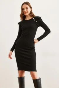 Olalook Women's Black Button Ruffle Detailed Mini Lycra Dress - Image 4