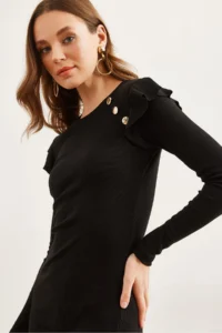 Olalook Women's Black Button Ruffle Detailed Mini Lycra Dress - Image 6