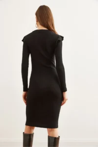 Olalook Women's Black Button Ruffle Detailed Mini Lycra Dress - Image 7