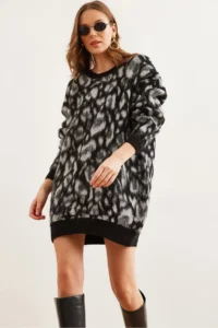 Olalook Women's Black Shawl Oversize Leopard Tunic Dress