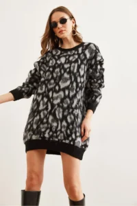 Olalook Women's Black Shawl Oversize Leopard Tunic Dress - Image 4