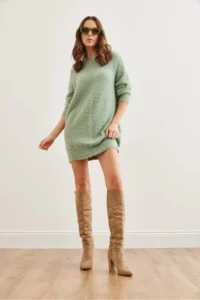 Olalook Women's Water Green Crew Neck Soft Textured Beard Dress - Image 2