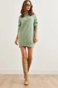 Olalook Women's Water Green Crew Neck Soft Textured Beard Dress - Image 3