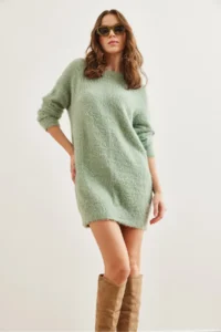 Olalook Women's Water Green Crew Neck Soft Textured Beard Dress - Image 4