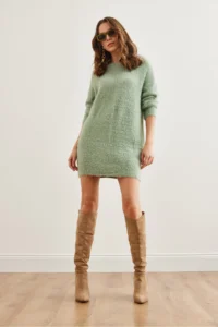 Olalook Women's Water Green Crew Neck Soft Textured Beard Dress - Image 5